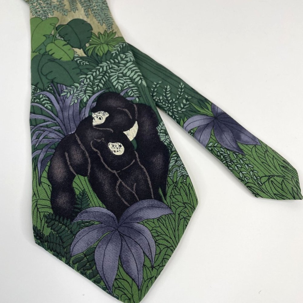 World Wildlife Fund MOUNTAIN GORILLA Necktie Silk Design 129 Animal Print Green‎